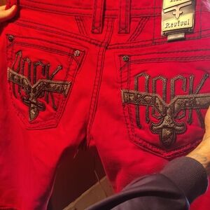 Rock Revival Men's Red Jean Shorts with Embroidered Back Pockets